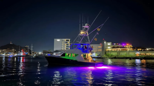 Fishing in Cabo San Lucas Mexico – Night Charter Excitement Illuminated fishing boat at night in a marina, highlighting fishing in Cabo San Lucas Mexico